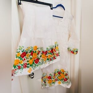 Floral embroidered women Dress with Red and Yellow Accents